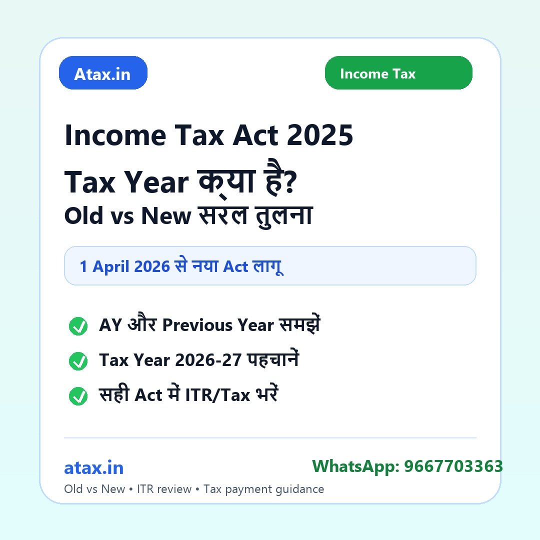 Atax.in poster - Income Tax Act 2025 में Tax Year क्या है? Old Act के AY और Previous Year से फर्क समझें